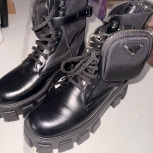 Prada Black Lug-Sole Combat Boots with Detachable Pouch